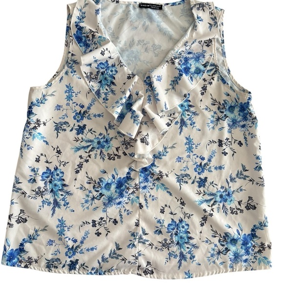 SHEIN Tops - SHEIN Blue Floral Ruffle Blouse